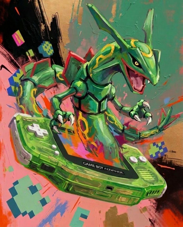 Original artwork of Rayquaza uncoiling from a clear green Game Boy Advance, Console Series print by Dammit.png