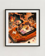 Pokémon FireRed art print by Dammit.png — Charizard bursting from an orange Game Boy Advance, Console Series, shown framed