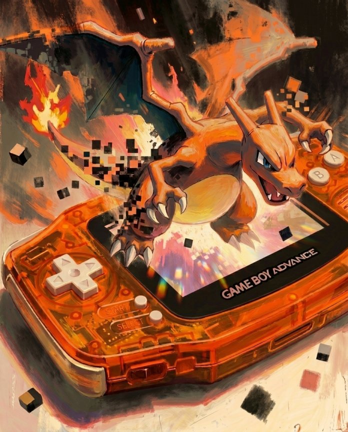 Original artwork of Charizard bursting from an orange Game Boy Advance, Console Series print by Dammit.png