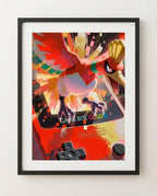 Pokémon Gold art print by Dammit.png — Ho-Oh erupting from a Game Boy Color, Console Series, shown framed