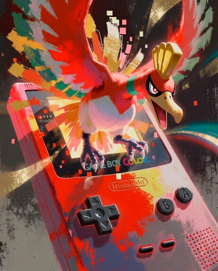 Original artwork of Ho-Oh erupting from a Game Boy Color in gold and crimson, Console Series print by Dammit.png