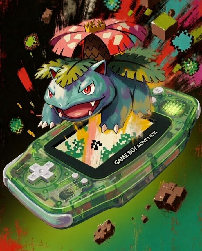 Original artwork of Venusaur emerging from a clear green Game Boy Advance in bloom, Console Series print by Dammit.png
