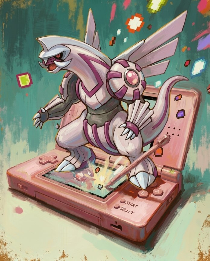 Original artwork of Palkia stepping out of a pink Nintendo DS, Console Series print by Dammit.png