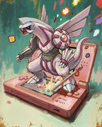 Original artwork of Palkia stepping out of a pink Nintendo DS, Console Series print by Dammit.png