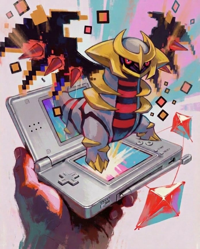 Original artwork of Giratina climbing out of a silver Nintendo DS, Console Series print by Dammit.png