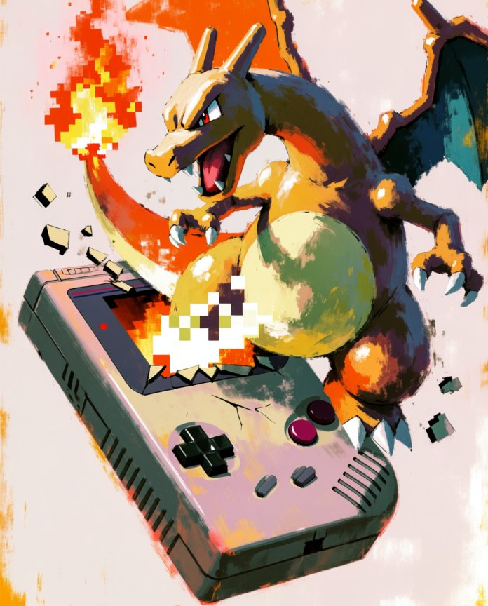 Original artwork of Charizard bursting from a Game Boy in a roar of fire, Console Series print by Dammit.png