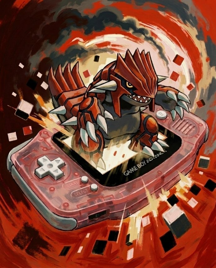 Original artwork of Groudon clawing out of a red Game Boy Advance in embers, Console Series print by Dammit.png