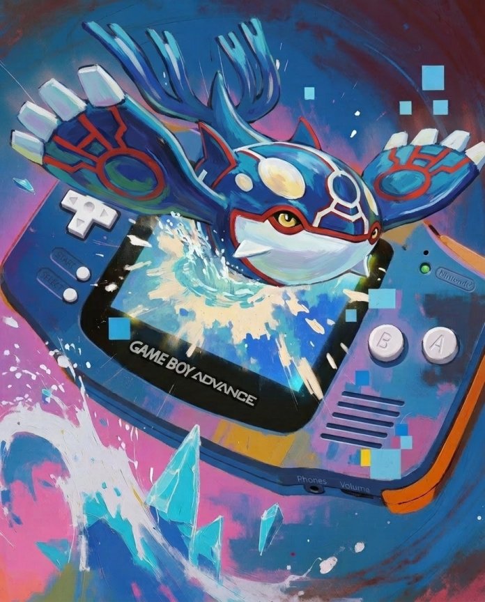 Original artwork of Kyogre breaching a Game Boy Advance screen with the ocean, Console Series print by Dammit.png