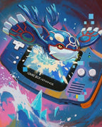 Original artwork of Kyogre breaching a Game Boy Advance screen with the ocean, Console Series print by Dammit.png