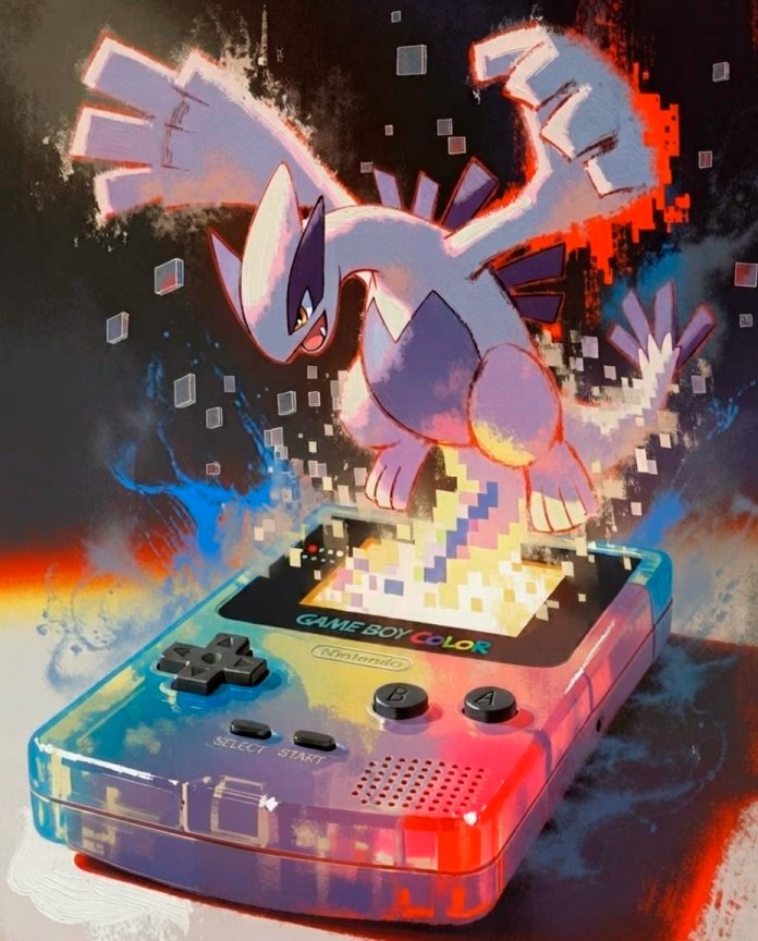 Original artwork of Lugia climbing out of a Game Boy Color in silver and violet, Console Series print by Dammit.png