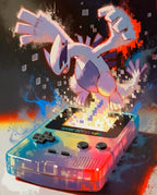 Original artwork of Lugia climbing out of a Game Boy Color in silver and violet, Console Series print by Dammit.png