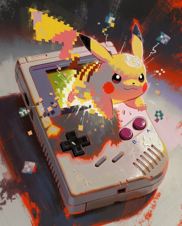 Original artwork of Pikachu bursting out of a Game Boy screen, Console Series print by Dammit.png