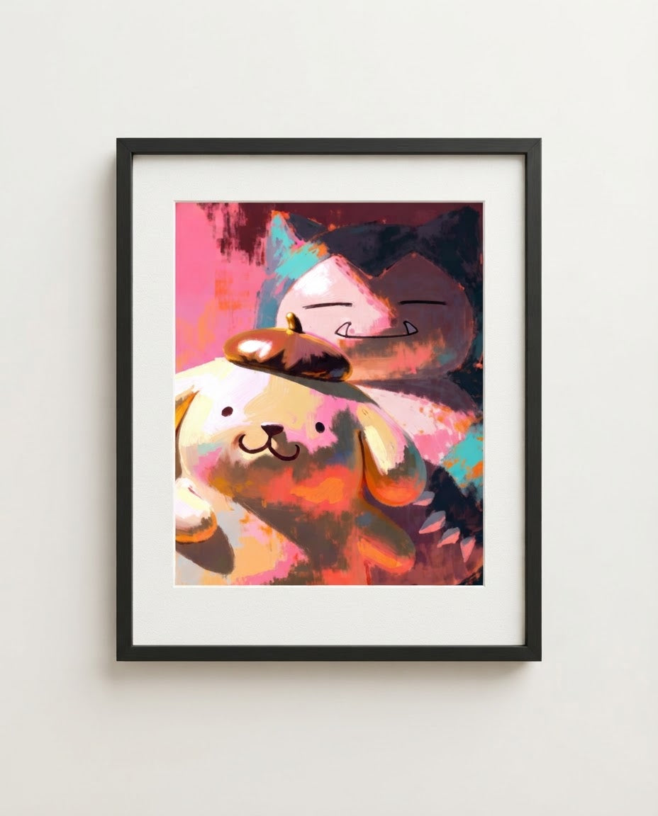 Pompompurin and Snorlax Nap Buddies Sanrio Pokémon crossover art print by Dammit.png shown framed