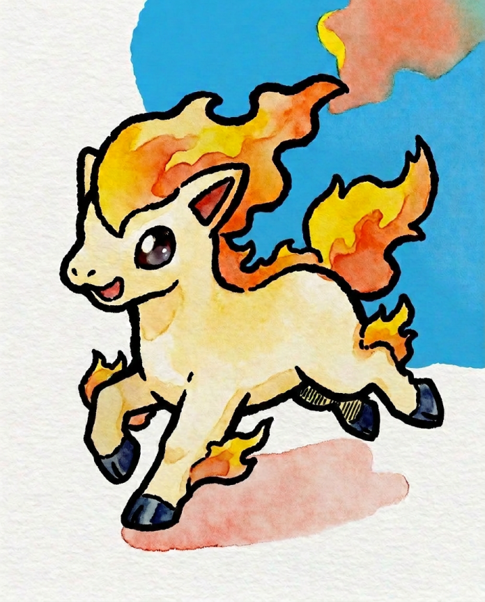 Watercolour Ponyta galloping with a flaming mane against a blue splash — Dammit.png fan art print