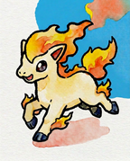 Watercolour Ponyta galloping with a flaming mane against a blue splash — Dammit.png fan art print