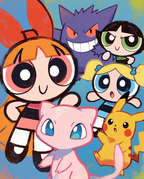 Powerpuff Girls with Mew, Pikachu and Gengar artwork