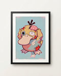 Psyduck — Migraine zombie Halloween art print framed in a black frame with white mat