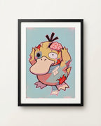 Psyduck — Migraine zombie Halloween art print framed in a black frame with white mat