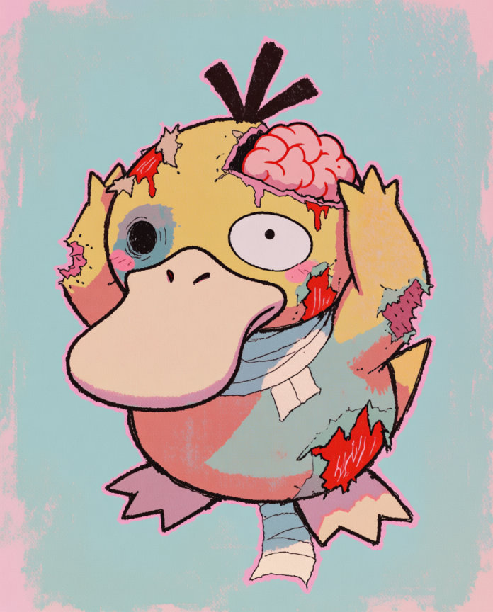 Psyduck — Migraine illustration, zombie Psyduck holding its head with exposed brain and bandages
