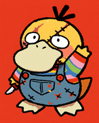 Psyduck dressed as Chucky in striped sleeves and stitched dungarees — Dammit.png fan art print