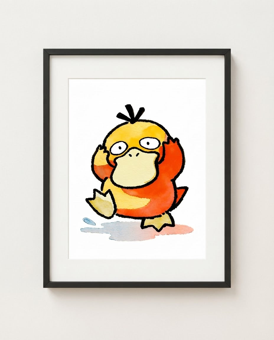 Psyduck — Puddle Jumper watercolour art print framed in a black frame with white mat