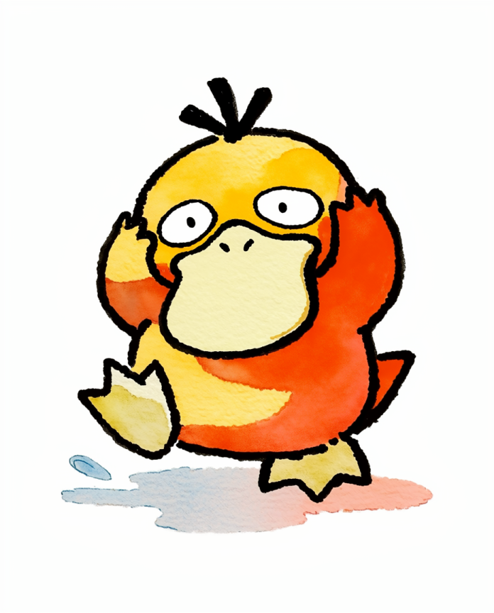 Psyduck — Puddle Jumper illustration, watercolour Psyduck holding its head and stepping into a puddle