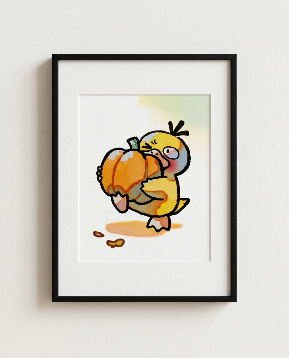 Psyduck Pumpkin Haul autumn watercolour Pokémon art print in a black frame with white mat