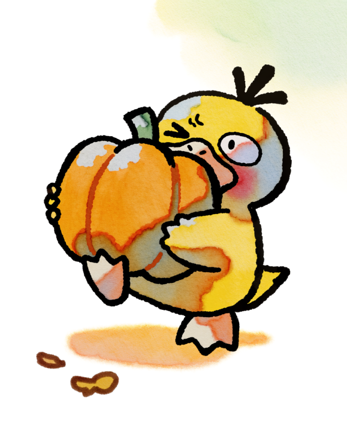 Watercolour illustration of Psyduck carrying a big orange pumpkin by Dammit.png