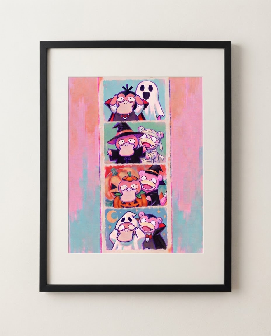 Psyduck & Slowpoke — Photo Booth Halloween art print framed in a black frame with white mat