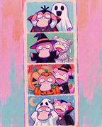 Psyduck & Slowpoke — Photo Booth illustration, four-frame Halloween photo strip in costumes