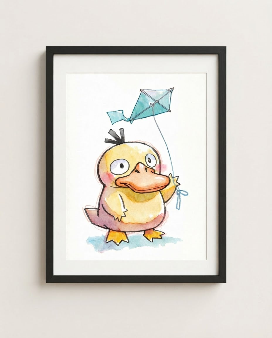 Psyduck — Windy Day watercolour art print framed in a black frame with white mat