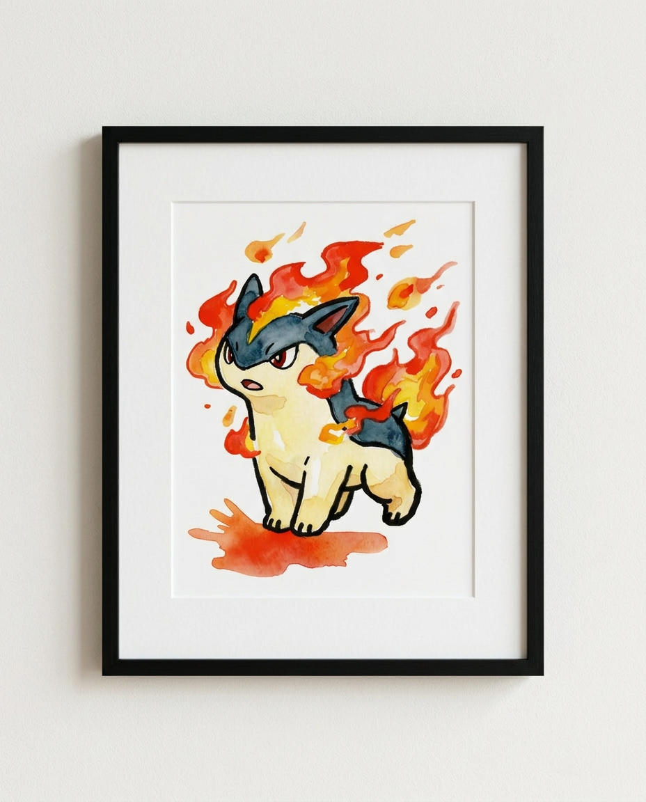 Quilava — Flame Mane framed watercolour art print by Dammit.png