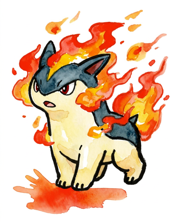 Watercolour Quilava with flames roaring from its head and back — Dammit.png fan art print