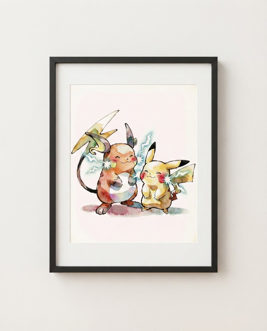 Raichu and Pikachu Full Charge watercolour Pokémon art print by Dammit.png shown framed