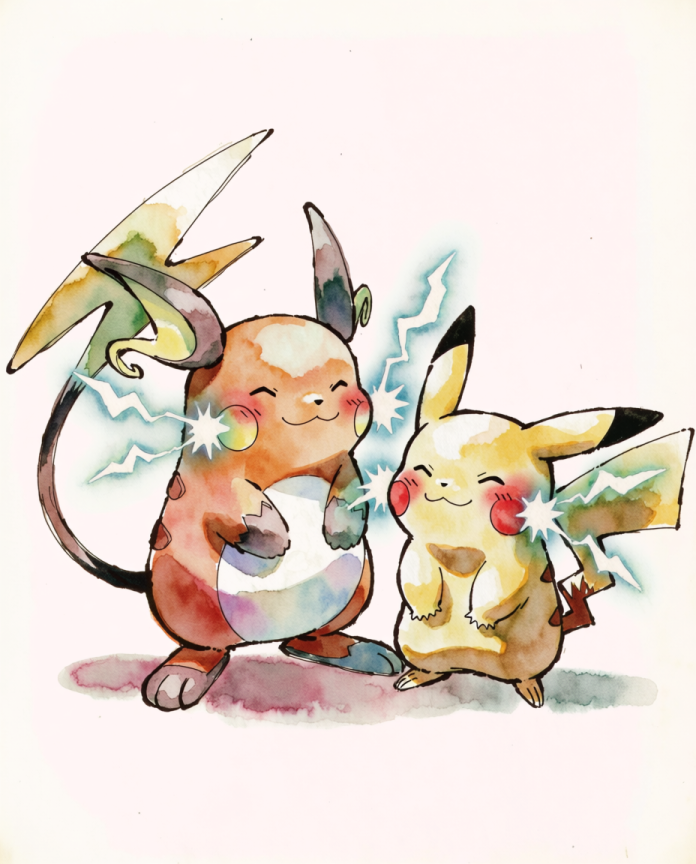 Original watercolour artwork of Pikachu and Raichu charging electricity, Sugimori-inspired print by Dammit.png