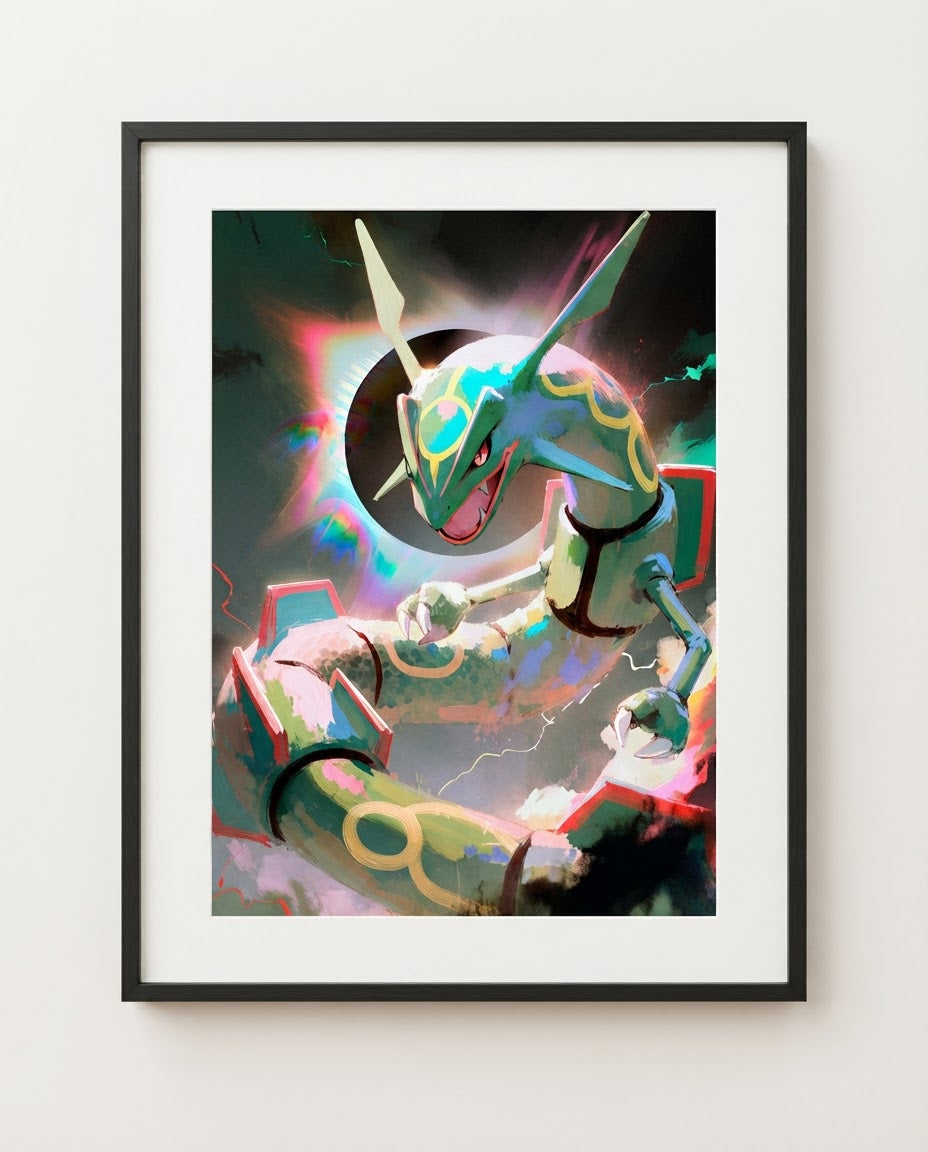 Rayquaza Eclipse limited edition legendary Pokémon art print by Dammit.png shown framed