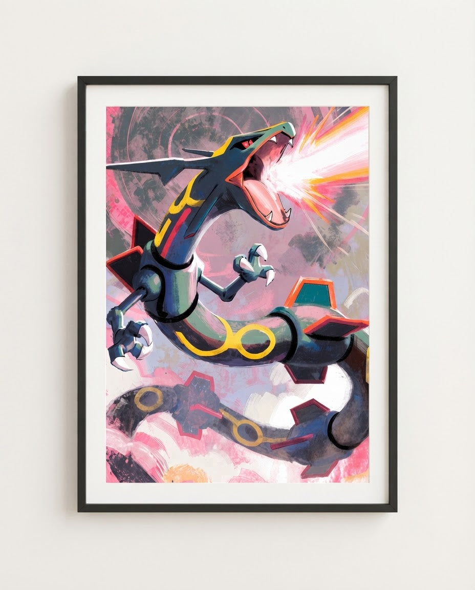 Rayquaza Skybreaker limited edition legendary Pokémon art print by Dammit.png shown framed