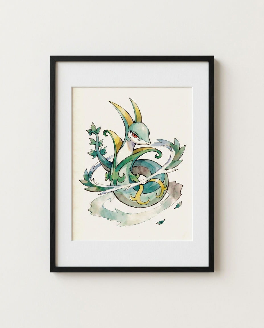 Serperior Royal Coil watercolour Pokémon art print in a black frame with white mat