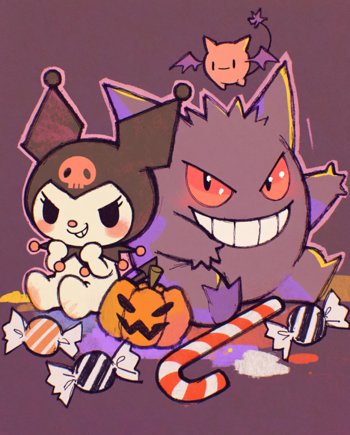 Kuromi & Gengar — Trick or Treat illustration, Kuromi and Gengar with pumpkin and candy