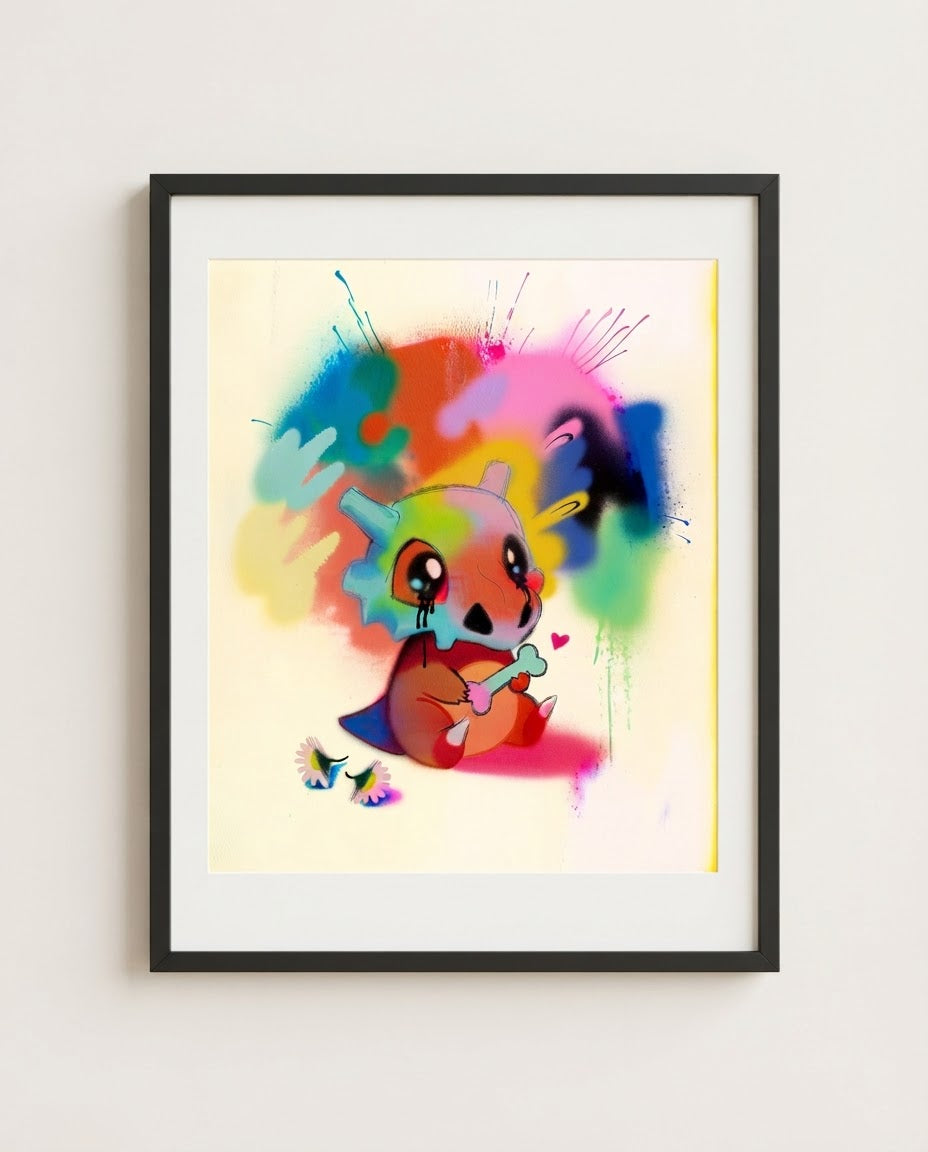 Cubone — Still Here spray paint art print framed on a wall