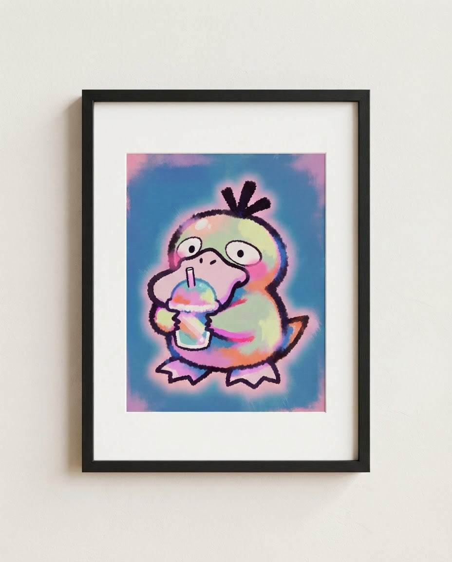 Psyduck — Slushie neon kawaii art print framed on a wall