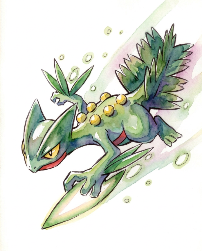 Watercolour illustration of Sceptile diving with leaf blades extended by Dammit.png