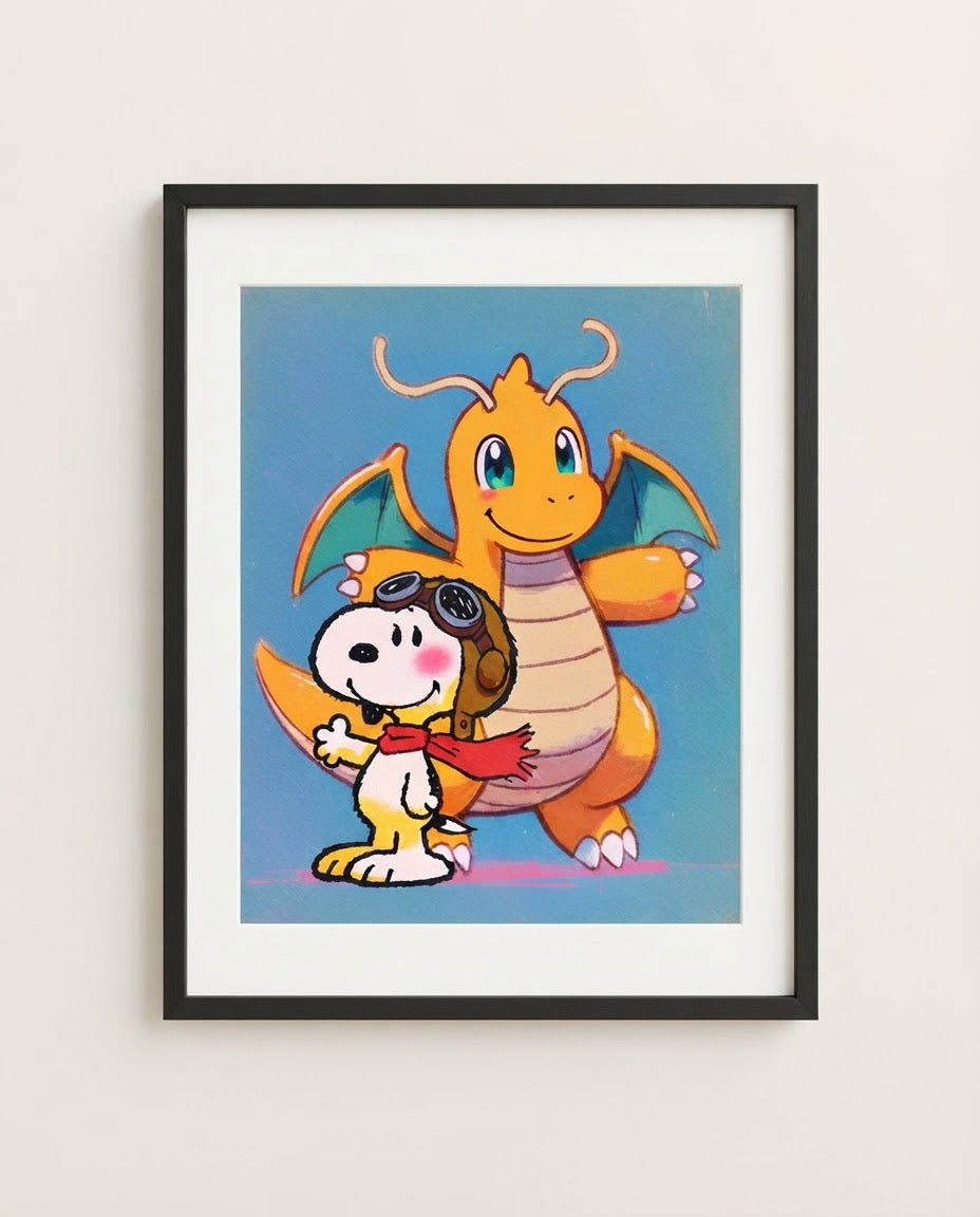 Snoopy & Dragonite — Flying Ace crossover art print framed in a black frame with white mat