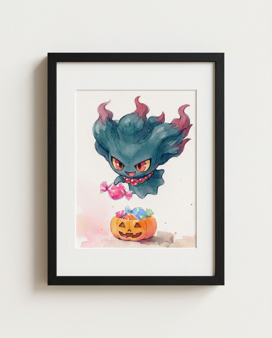 Misdreavus Sweet Tooth Halloween watercolour Pokémon art print in a black frame with white mat