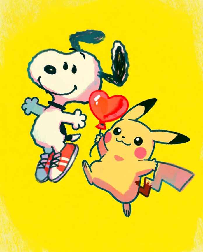 Snoopy & Pikachu — Heart Balloon illustration, Snoopy and Pikachu with a red heart balloon on yellow