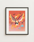 Moltres — Sunset Flight kawaii art print framed on a wall