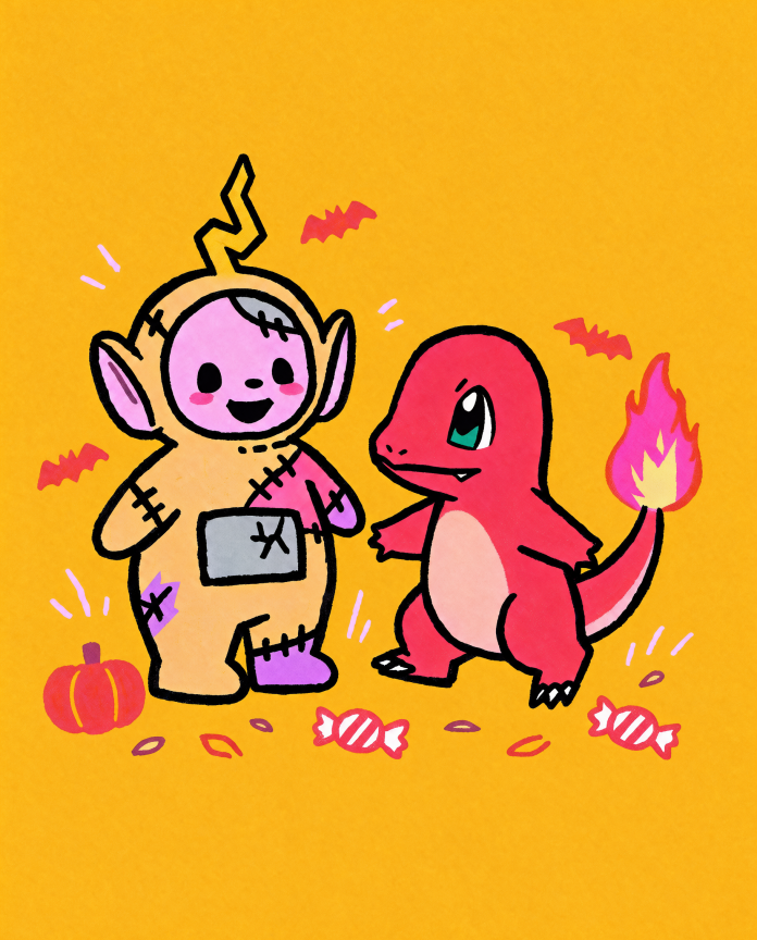 Zombie Teletubbies Laa-Laa with Charmander, spooky-cute Pokémon fan art illustration