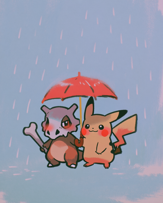 Cubone & Pikachu Rainy Day Pokémon art print — limited edition of 5