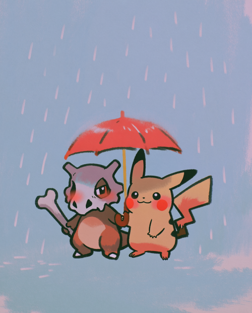 Cubone & Pikachu Rainy Day Pokémon art print — limited edition of 5