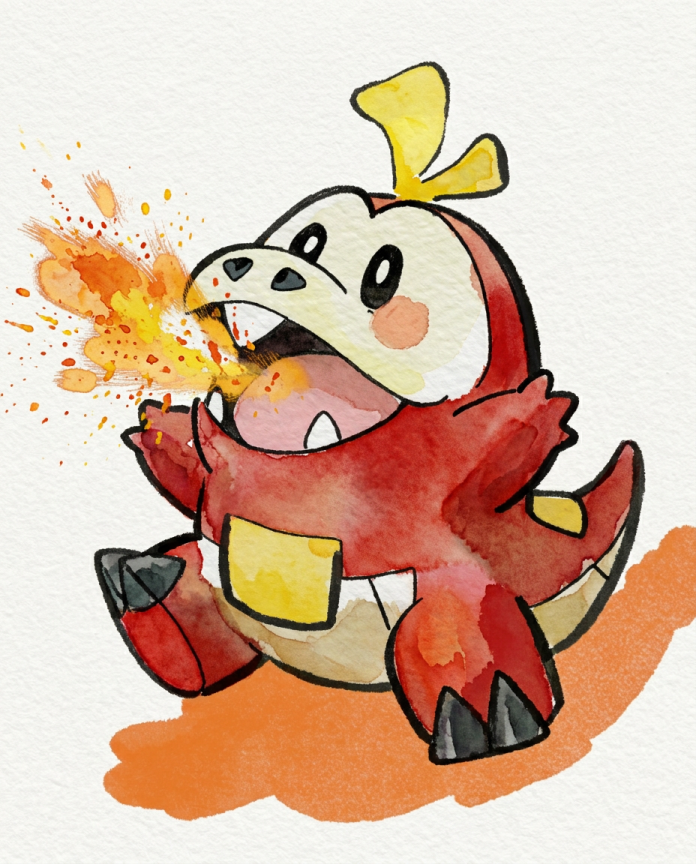Watercolour illustration of Fuecoco breathing a burst of fiery sparks by Dammit.png